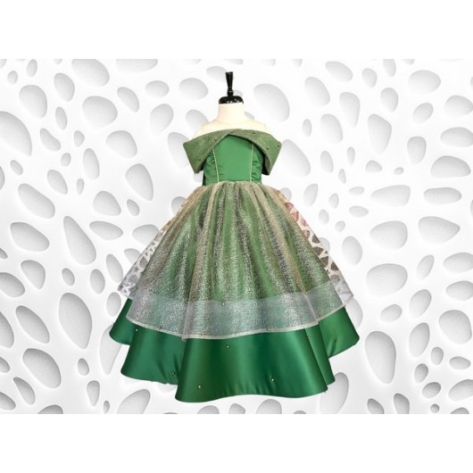 فستان بناتي ساتان باكتاف مكشوفة لون أخضر