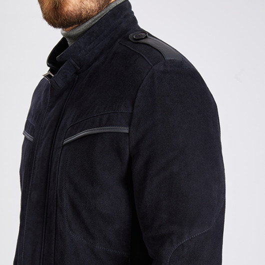 Men's Navy Blue Genuine Suede Jacket