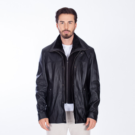 Men's Black Genuine Leather Coat With Vest