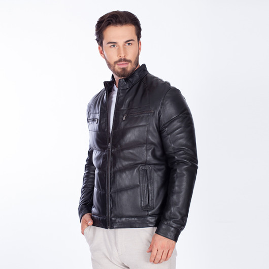 Men's Black Fiber Filled Genuine Leather Jacket