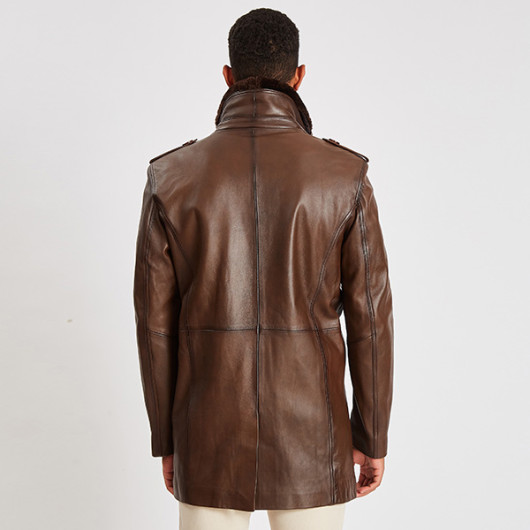 Hazelnut Removable Fur Collar Genuine Leather Coat