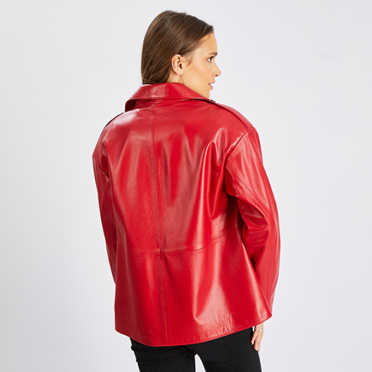 Women's Red Oversize Genuine Leather Jacket