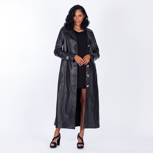 Women's Black Genuine Leather Long Trench Coat