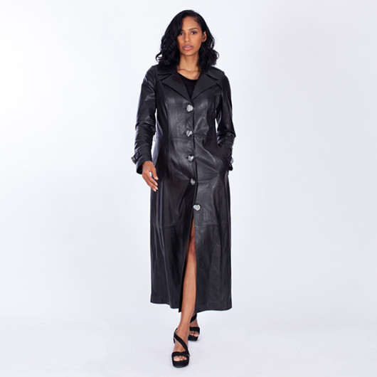 Women's Black Genuine Leather Long Trench Coat
