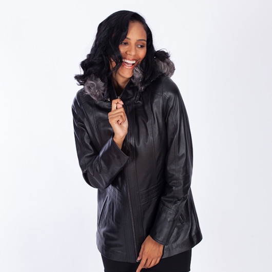 Women's Black Hooded Genuine Leather Jacket