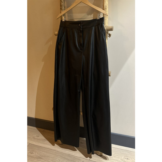 Wide Leg Leather Trousers Black