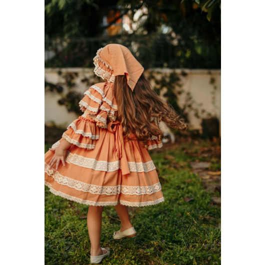 Bandana Lace Detailed Dress, Design Vintage Girls' Evening Dress, Birthday Dress