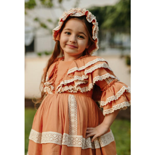 Bandana Lace Detailed Dress, Design Vintage Girls' Evening Dress, Birthday Dress