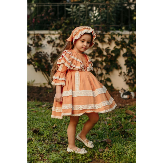 Bandana Lace Detailed Dress, Design Vintage Girls' Evening Dress, Birthday Dress