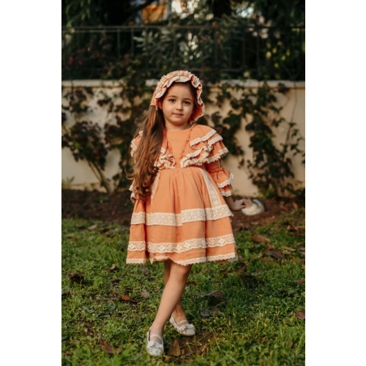 Bandana Lace Detailed Dress, Design Vintage Girls' Evening Dress, Birthday Dress