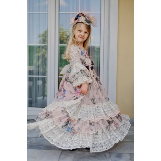 Vintage Girl's Dress With Lace Detailed Crown Hat, Celebrity Dress Floral