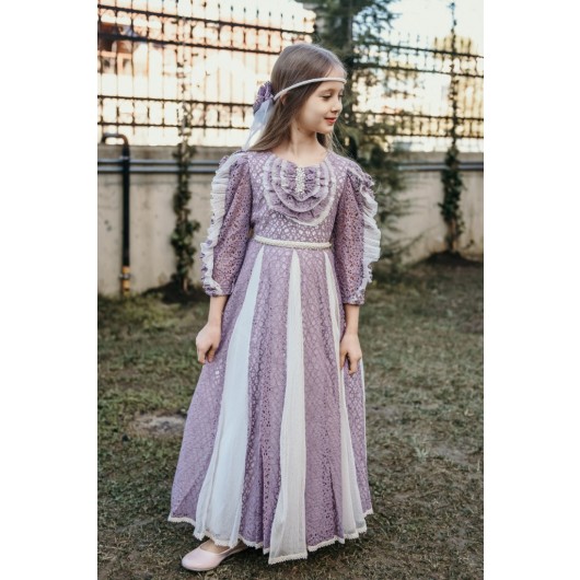 Collar And Sleeve Detailed Vintage Girl Dress With Veil