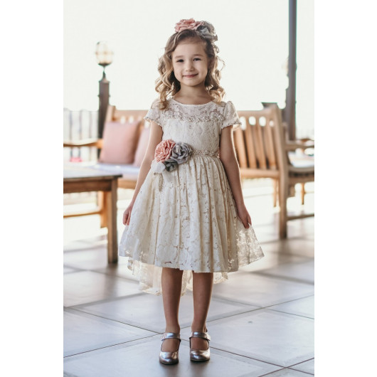 Lace Long Back Short Front Short Party Girl Dress With Ecru Crown