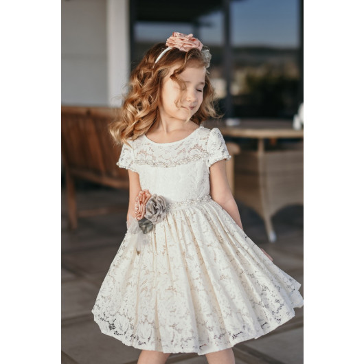 Lace Long Back Short Front Short Party Girl Dress With Ecru Crown