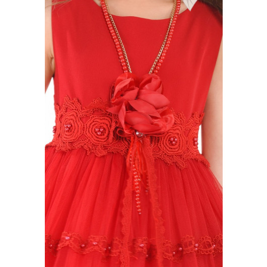فستان بناتي طويل مطرز باللؤلؤ والدانتيل المتوج لون أحمر مع قلادة وقوس شعر