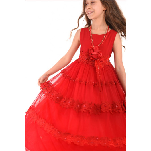 Red Necklace Crowned Lace And Pearl Embroidered Long Girls' Evening Dress