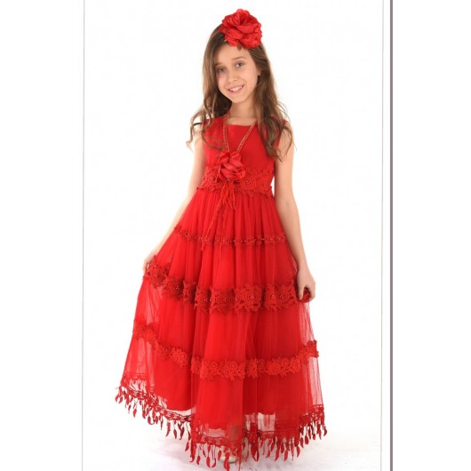 فستان بناتي طويل مطرز باللؤلؤ والدانتيل المتوج لون أحمر مع قلادة وقوس شعر