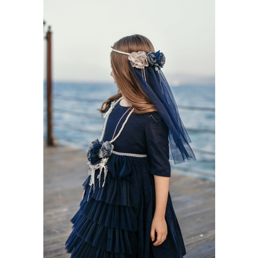 Cotton Vintage Girls Dress With Necklace And Veil