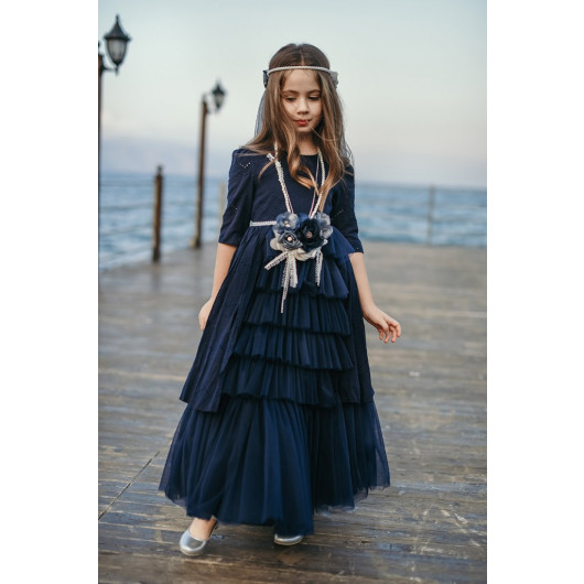 Cotton Vintage Girls Dress With Necklace And Veil