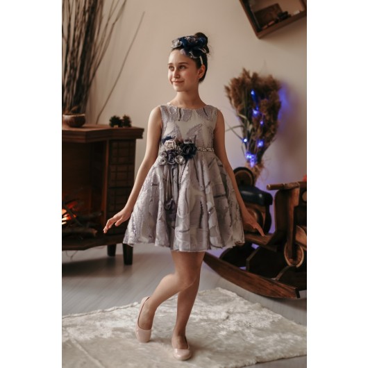 Navy Blue Sequined Girl Dress With Pearl Belt And Crown