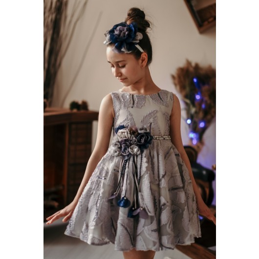 Navy Blue Sequined Girl Dress With Pearl Belt And Crown
