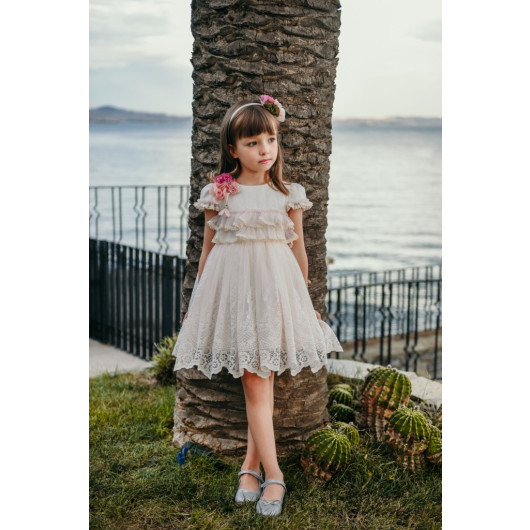 Special Design Dress, Lace Detailed Dress, Crown Accessory Girl's Evening Dress