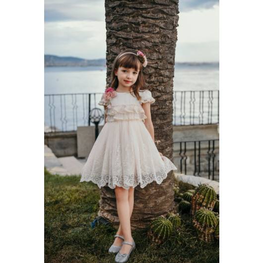 Special Design Dress, Lace Detailed Dress, Crown Accessory Girl's Evening Dress