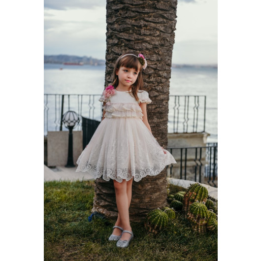 Special Design Dress, Lace Detailed Dress, Crown Accessory Girl's Evening Dress