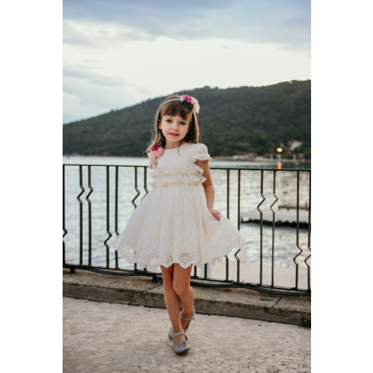 Special Design Dress, Lace Detailed Dress, Crown Accessory Girl's Evening Dress