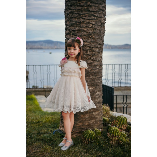 Special Design Dress, Lace Detailed Dress, Crown Accessory Girl's Evening Dress