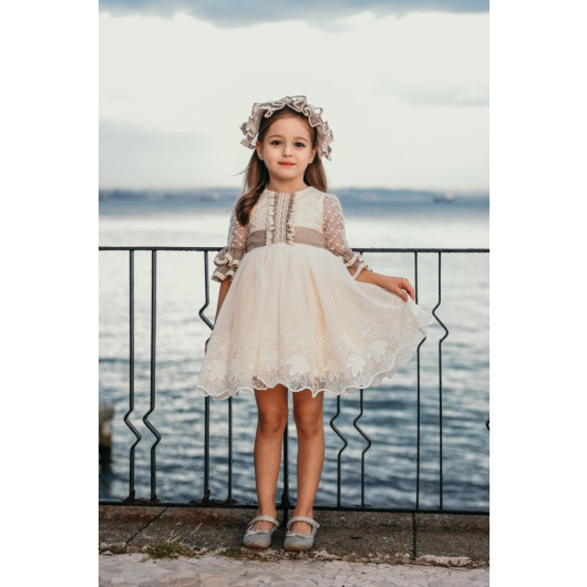 Special Design Dress, Lace Detailed Dress, Crown Accessory Girl's Evening Dress