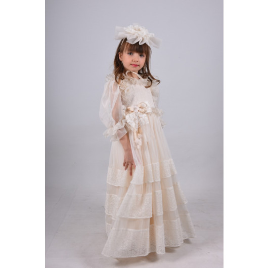 Special Design Girl Long Dress, Birthday Girl Child Dress, Crown, Lace Detailed Evening Dress