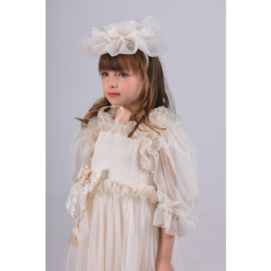 Special Design Girl Long Dress, Birthday Girl Child Dress, Crown, Lace Detailed Evening Dress