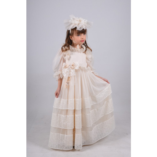 Special Design Girl Long Dress, Birthday Girl Child Dress, Crown, Lace Detailed Evening Dress