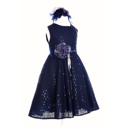 Girl's Evening Dress With Sequined Waist Embroidered Belt And Crown Accessory
