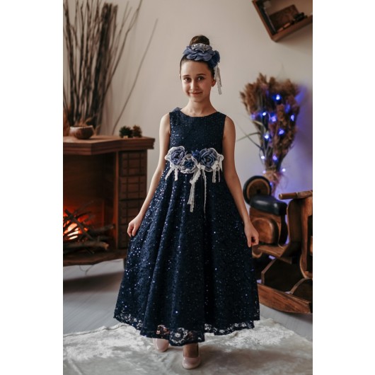 Back Floral Detailed Girl's Birthday Dress With Crown