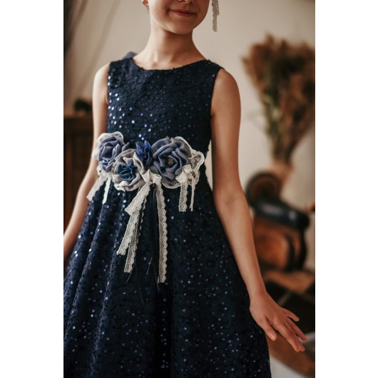 Back Floral Detailed Girl's Birthday Dress With Crown