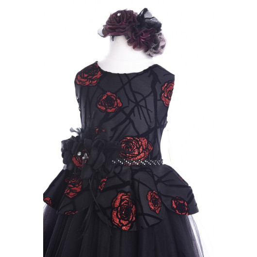 Long Tail Back Red Floral Waist And Crown Accessory Girl Dress Black