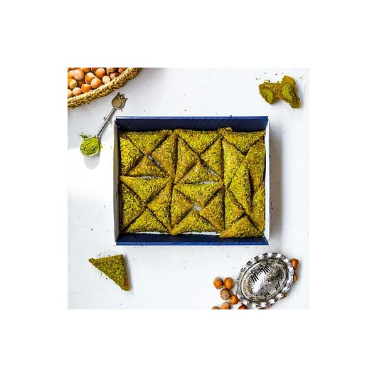 Mosca Dessert With Turkish Pastels In The Form Of Triangles Stuffed With Pistachios And Dipped In Pistachios 1 Kilo