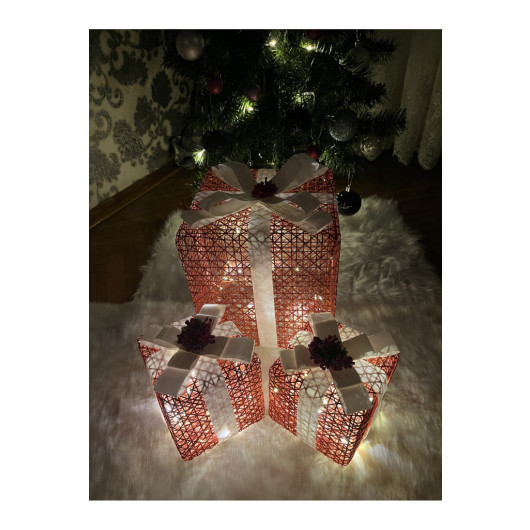 Decorative Led Lighted Gift Box Set White Ribbon