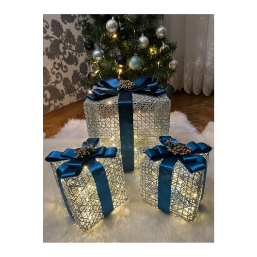 Decorative Led Lighted Gift Box Set Blue Ribbon