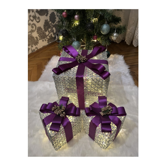 Decorative Led Lighted Gift Box Set Purple Ribbon