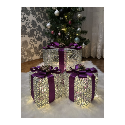 Decorative Led Lighted Gift Box Set Purple Ribbon