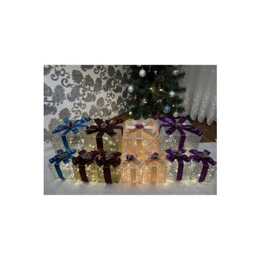 Decorative Led Lighted Gift Box Set Of 12 Blue Claret Red Beige Purple Ribbon