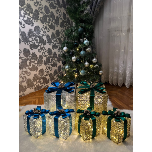 Decorative Christmas Tree With Six Led Lights Gift Box Set Of 12 Green&Blue&Burgundy&Red Ribbon