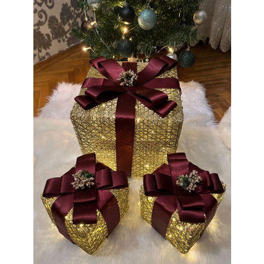 Decorative Christmas Tree With Six Led Lights Gift Box Set Of 12 Green&Blue&Burgundy&Red Ribbon