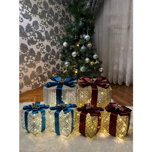 Decorative Christmas Tree Gift Box Set With Six Led Lights Blue & Burgundy Ribbon