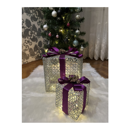 Decorative Led Lighted Gift Box Set Of 2 Purple Ribbons