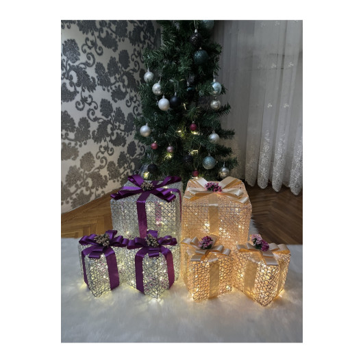 Decorative Led Lighted Gift Box Set Beige Purple Ribbon
