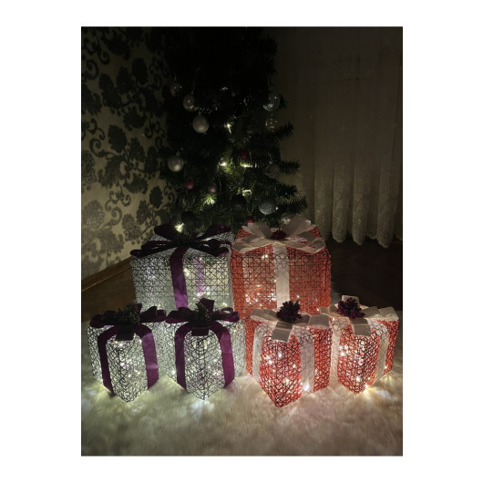 Decorative Led Lighted Gift Box Set White Purple Ribbon
